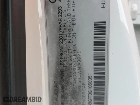 2016 Audi A3 Premium with VIN WAUB8GFF3G1050351, listed as a Copart auction lot 52283705 with Not Provided miles and Salvage Title. Bid and sale history available at DreamBid. Image 12.