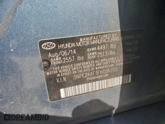 2015 Hyundai Sonata 2.4L SE with VIN 5NPE24AF3FH056200, listed as a Copart auction lot 53630545 with 100,634 mi miles and Salvage Title. Bid and sale history available at carsss.com. Image 14.