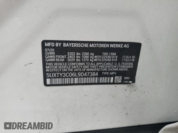 2020 BMW X3 sDrive30i with VIN 5UXTY3C06L9D47384, listed as a Copart auction lot 50873265 with 64,281 mi miles and Salvage Title. Bid and sale history available at carsss.com. Image 13.