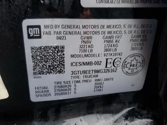 2021 GMC Sierra 1500 AT4 with VIN 3GTU9EET9MG326162, listed as a Copart auction lot 84890804 with 68,723 mi miles and Salvage Title. Bid and sale history available at carsss.com. Image 12.