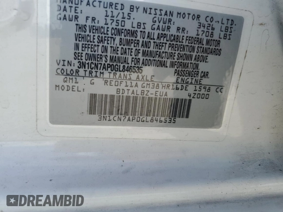 2016 Nissan Versa SV z VIN 3N1CN7AP0GL846535, wystawiony jako Copart lot #61387085 z przebiegiem 61 680 mil mil oraz Czysty tytuł • Clean title. Historia ofert i sprzedaży dostępna na DreamBid. Obrazek 12.