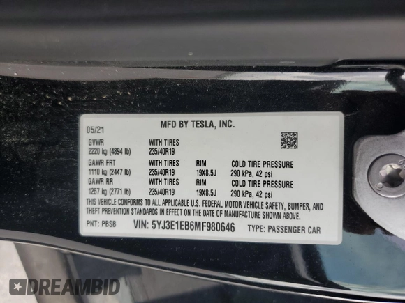 2021 Tesla Model 3 Long Range with VIN 5YJ3E1EB6MF980646, listed as a Copart auction lot 54137115 with 34,690 mi miles and Salvage Title. Bid and sale history available at carsss.com. Image 12.