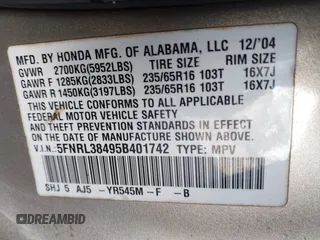 2005 Honda Odyssey EX with VIN 5FNRL38495B401742, listed as a IAAI auction lot 42133434 with 162,161 mi miles and . Bid and sale history available at carsss.com. Image 9.