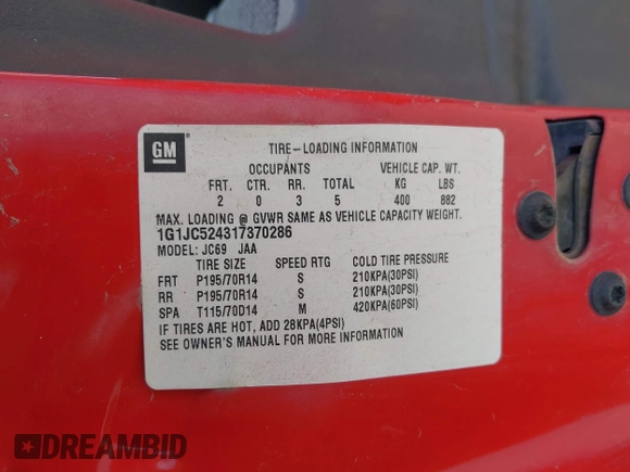 2001 Chevrolet Cavalier with VIN 1G1JC524317370286, listed as a IAAI auction lot 42182705 with 94,828 mi miles and . Bid and sale history available at DreamBid. Image 9.