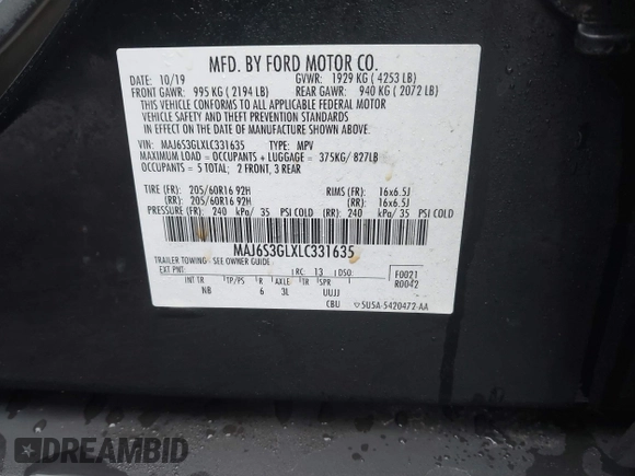 2020 Ford EcoSport SE z VIN MAJ6S3GLXLC331635, wystawiony jako IAAI lot #41542277 z przebiegiem 59 222 mil mil oraz . Historia ofert i sprzedaży dostępna na DreamBid. Obrazek 9.