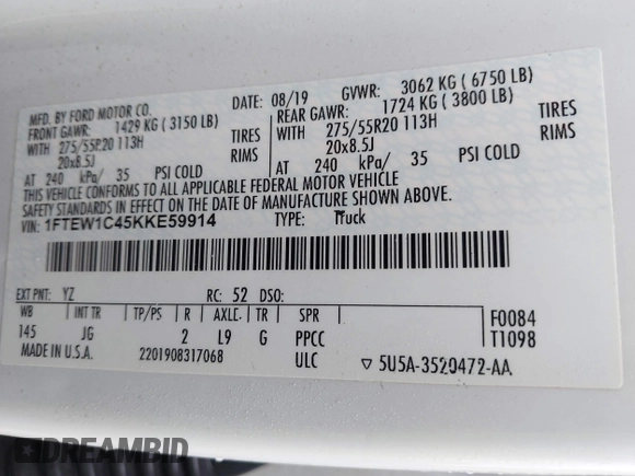 2019 Ford F-150 XL with VIN 1FTEW1C45KKE59914, listed as a IAAI auction lot 41442014 with 98,445 mi miles and . Bid and sale history available at DreamBid. Image 9.