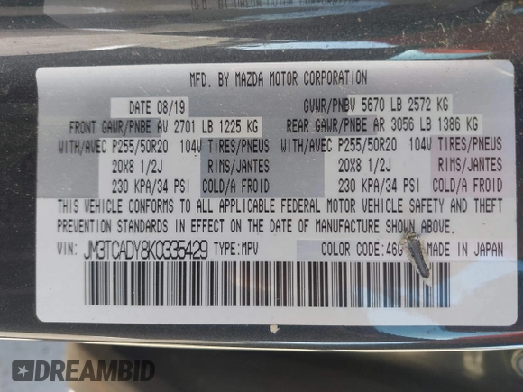 2019 Mazda CX-9 Grand Touring with VIN JM3TCADY8K0335429, listed as a IAAI auction lot 41203657 with 94,333 mi miles. Bid and sale history available at carsss.com. Image 9.