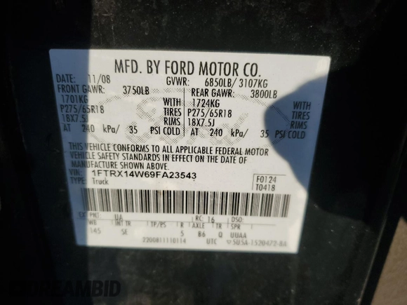 2009 Ford F-150 STX with VIN 1FTRX14W69FA23543, listed as a Copart auction lot 52314695 with 149,268 mi miles and Salvage Title. Bid and sale history available at DreamBid. Image 12.