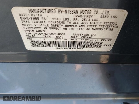 2019 Infiniti Q50 Luxe with VIN JN1EV7APXKM518952, listed as a Copart auction lot 74633794 with 39,454 mi miles and Salvage title. Bid and sale history available at DreamBid. Image 13.