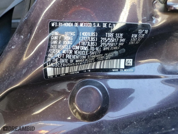 2019 Honda HR-V EX with VIN 3CZRU5H54KM704964, listed as a Copart auction lot 47941865 with 95,894 mi miles and Clean Title. Bid and sale history available at carsss.com. Image 13.