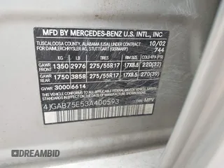 2003 Mercedes-Benz M 320/430/500 with VIN 4JGAB75E53A400593, listed as a IAAI auction lot 41797265 with 193,338 mi miles and . Bid and sale history available at DreamBid. Image 9.