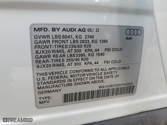 2022 Audi Q4 e-tron Premium Plus with VIN WA1H2BFZ8NP042620, listed as a Copart auction lot 70395574 with 17,705 mi miles and Salvage Title. Bid and sale history available at carsss.com. Image 13.