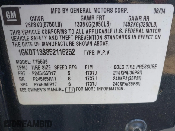 2005 GMC Envoy SLE z VIN 1GKDT13S852116252, wystawiony jako IAAI lot #42086929 z przebiegiem Nie podano mil oraz . Historia ofert i sprzedaży dostępna na DreamBid. Obrazek 9.