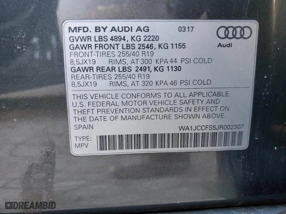 2018 Audi Q3 Premium Plus with VIN WA1JCCFS5JR002307, listed as a Copart auction lot 45328785 with 82,620 mi miles and Salvage Title. Bid and sale history available at carsss.com. Image 12.
