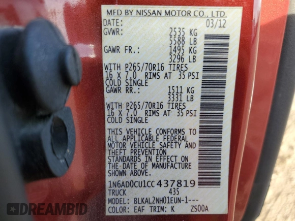2012 Nissan Frontier SV with VIN 1N6AD0CU1CC437819, listed as a Copart auction lot 49434035 with 117,762 mi miles and Salvage title. Bid and sale history available at DreamBid. Image 14.
