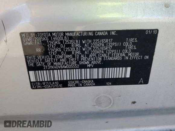 2010 Toyota RAV4 Limited with VIN 2T3YK4DV8AW005552, listed as a Copart auction lot 47586655 with 162,974 mi miles and Salvage title. Bid and sale history available at DreamBid. Image 13.