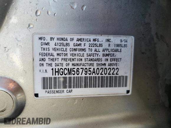 2005 Honda Accord EX with VIN 1HGCM56795A020222, listed as a Copart auction lot 55426085 with 167,997 mi miles and Salvage Title. Bid and sale history available at DreamBid. Image 13.