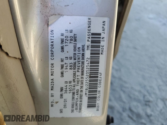 2002 Mazda Protege DX with VIN JM1BJ225520525472, listed as a Copart auction lot 45699915 with 183,457 mi miles and Salvage Title. Bid and sale history available at DreamBid. Image 12.