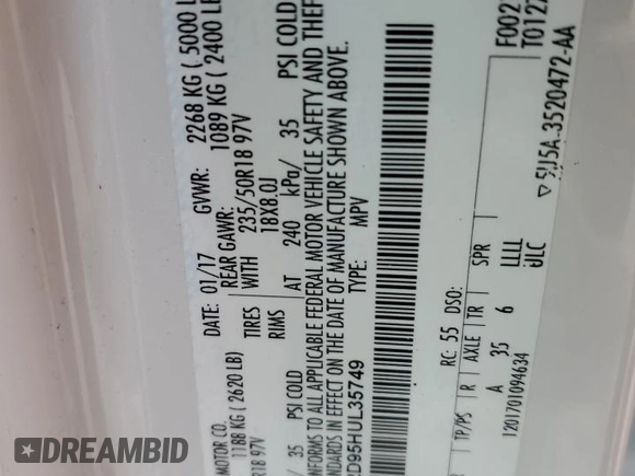2017 Lincoln MKC Select with VIN 5LMCJ2D95HUL35749, listed as a Copart auction lot 51173265 with 116,192 mi miles and Salvage Title. Bid and sale history available at DreamBid. Image 13.