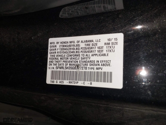 2016 Honda Odyssey SE with VIN 5FNRL5H35GB027278, listed as a IAAI auction lot 41900881 with 1 mi miles. Bid and sale history available at carsss.com. Image 9.