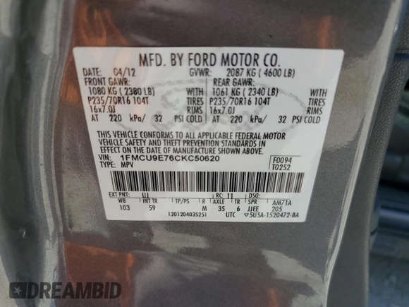 2012 Ford Escape Limited with VIN 1FMCU9E76CKC50620, listed as a Copart auction lot 65203455 with 157,538 mi miles and Clean title. Bid and sale history available at DreamBid. Image 13.