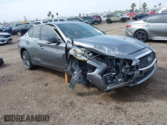 2020 Infiniti Q50 Red Sport 400 with VIN JN1FV7AP9LM630132, listed as a IAAI auction lot 41794185 with 20,049 mi miles and . Bid and sale history available at carsss.com. Image 1.