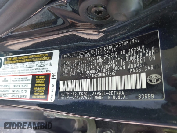 2017 Toyota Camry XLE with VIN 4T1BF1FK5HU677387, listed as a IAAI auction lot 42139984 with 69,175 mi miles and . Bid and sale history available at DreamBid. Image 9.