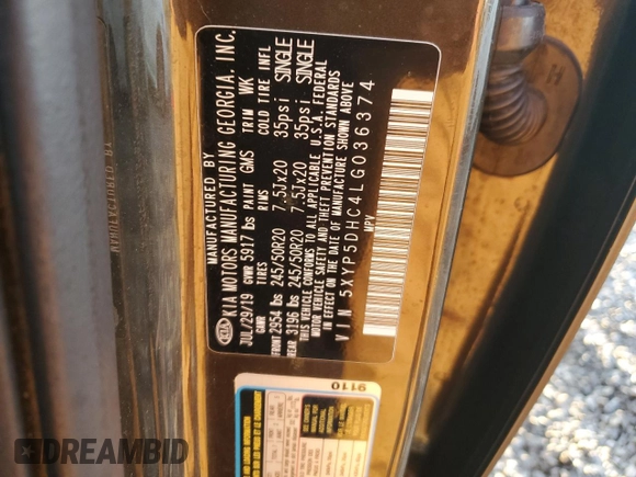 2020 Kia Telluride SX with VIN 5XYP5DHC4LG036374, listed as a Copart auction lot 51423085 with 86,948 mi miles and Salvage Title. Bid and sale history available at DreamBid. Image 13.