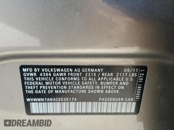 2012 Volkswagen CC Sport with VIN WVWMN7AN3CE535174, listed as a Copart auction lot 52951175 with 104,468 mi miles and Clean Title. Bid and sale history available at carsss.com. Image 12.