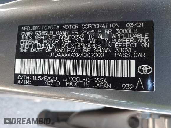 2021 Toyota Mirai XLE with VIN JTDAAAAAXMA002000, listed as a IAAI auction lot 42207752 with 33,017 mi miles and . Bid and sale history available at DreamBid. Image 9.