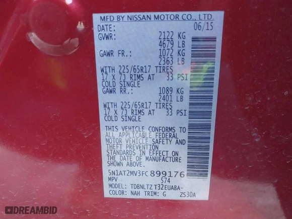 2015 Nissan Rogue SV with VIN 5N1AT2MV3FC899176, listed as a IAAI auction lot 41541885 with 78398 miles. Bid and sale history available at carsss.com. Image 9.