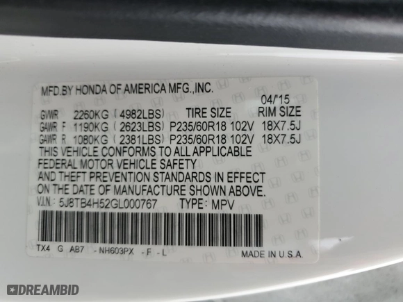 2016 Acura RDX Tech Pkg with VIN 5J8TB4H52GL000767, listed as a Copart auction lot 44822615 with 209,086 mi miles and Salvage Title. Bid and sale history available at carsss.com. Image 13.