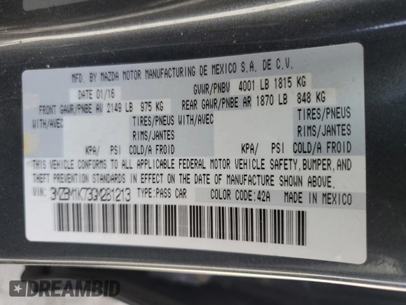2016 Mazda 3 i Sport with VIN 3MZBM1K73GM281213, listed as a Copart auction lot 49152465 with 94,492 mi miles and Salvage Title. Bid and sale history available at DreamBid. Image 12.