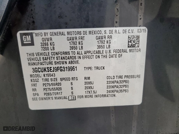 2015 Chevrolet Silverado 1500 LTZ with VIN 3GCUKSEJ9FG319961, listed as a Copart auction lot 43049275 with 0 mi miles and Salvage Title. Bid and sale history available at carsss.com. Image 13.