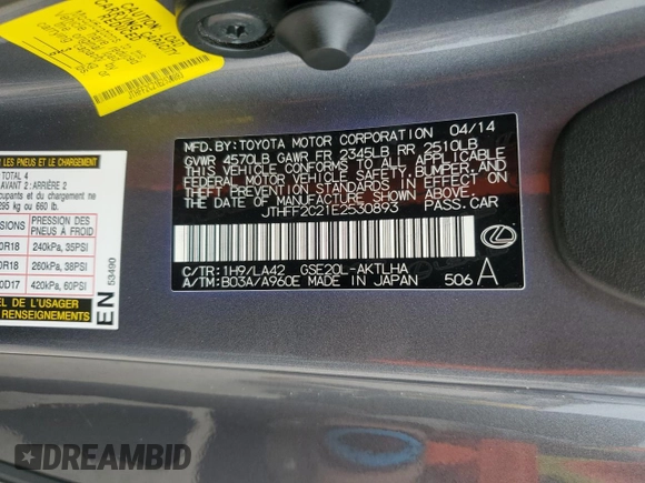 2014 Lexus IS 250 C with VIN JTHFF2C21E2530893, listed as a Copart auction lot 88097695 with 34,258 mi miles and Salvage title. Bid and sale history available at DreamBid. Image 13.