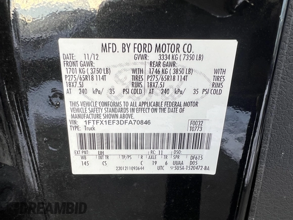 2013 Ford F-150 XL z VIN 1FTFX1EF3DFA70846, wystawiony jako IAAI lot #41614387 z przebiegiem 138 181 mil mil oraz . Historia ofert i sprzedaży dostępna na DreamBid. Obrazek 8.