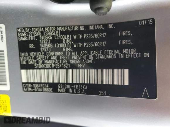 2015 Toyota Sienna LE AAS с VIN 5TDKK3DC1FS571821, выставлен на аукционе Copart как лот 57348545 с пробегом 120 014 миль миль и Списание • Salvage title. История ставок и продаж доступна на DreamBid. Изображение 14.