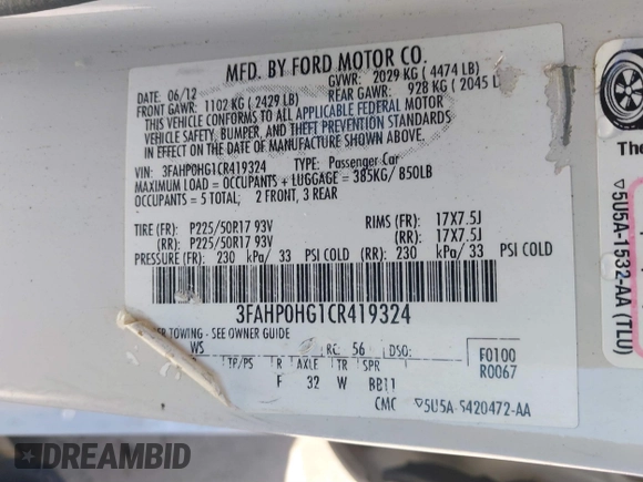 2012 Ford Fusion SE with VIN 3FAHP0HG1CR419324, listed as a IAAI auction lot 41832151 with 143,474 mi miles and . Bid and sale history available at DreamBid. Image 9.