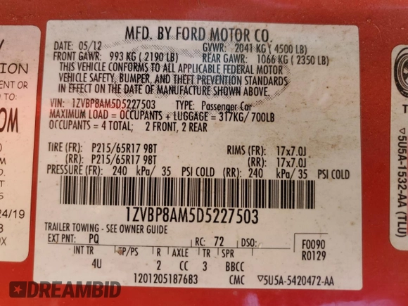 2013 Ford Mustang V6 with VIN 1ZVBP8AM5D5227503, listed as a Copart auction lot 61601645 with 155,178 mi miles and Salvage title. Bid and sale history available at DreamBid. Image 12.