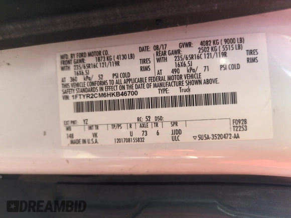 2017 Ford Transit с VIN 1FTYR2CM6HKB46700, выставлен на аукционе Copart как лот 58007815 с пробегом 237 039 миль миль и Списание • Salvage title. История ставок и продаж доступна на DreamBid. Изображение 12.
