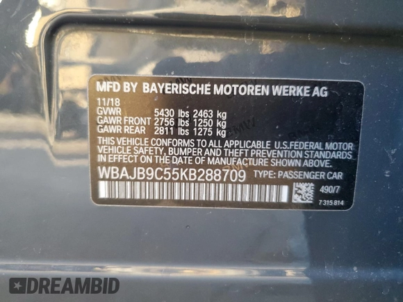 2019 BMW 5 Series M550i xDrive with VIN WBAJB9C55KB288709, listed as a Copart auction lot 46590735 with 58,256 mi miles and Salvage title. Bid and sale history available at DreamBid. Image 12.