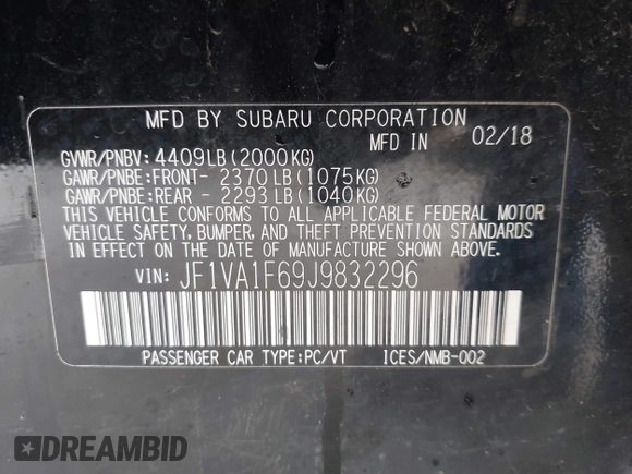 2018 Subaru WRX Limited with VIN JF1VA1F69J9832296, listed as a IAAI auction lot 42297546 with 57,729 mi miles and . Bid and sale history available at DreamBid. Image 9.