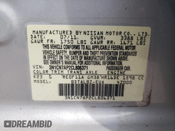 2012 Nissan Versa SV with VIN 3N1CN7AP2CL806371, listed as a Copart auction lot 53617745 with 107,198 mi miles and Clean Title. Bid and sale history available at carsss.com. Image 12.