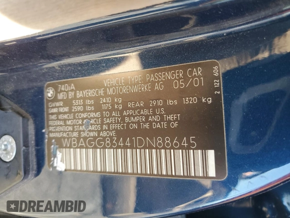 2001 BMW 7 Series 740i with VIN WBAGG83441DN88645, listed as a Copart auction lot 81618074 with Not provided miles and Clean title. Bid and sale history available at DreamBid. Image 12.