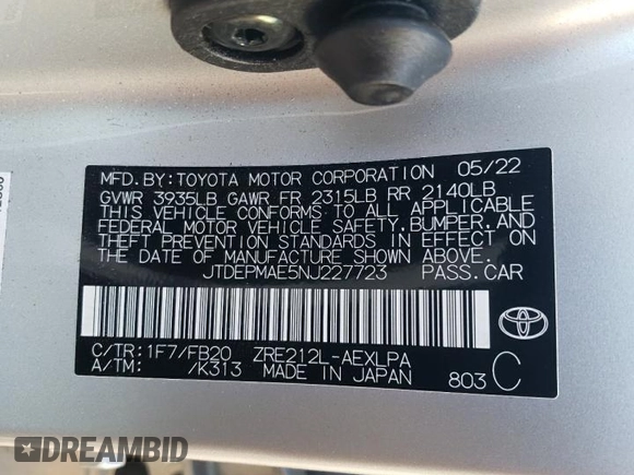 2022 Toyota Corolla LE with VIN JTDEPMAE5NJ227723, listed as a Copart auction lot 83237564 with 38,831 mi miles and Salvage Title. Bid and sale history available at carsss.com. Image 14.