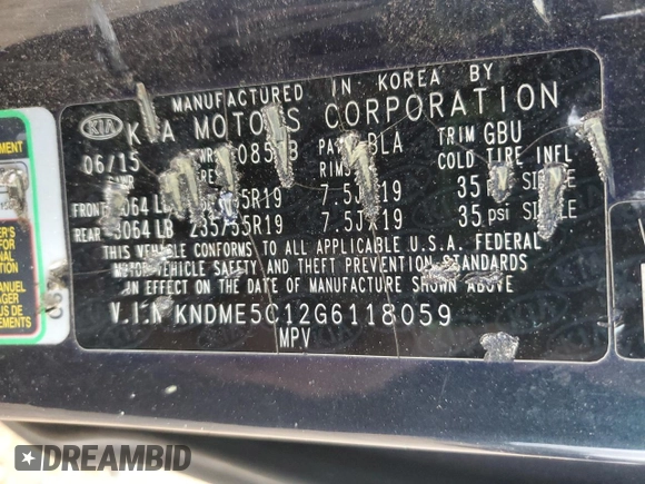 2016 Kia Sedona SX-L with VIN KNDME5C12G6118059, listed as a Copart auction lot 47723945 with 177,391 mi miles and Salvage Title. Bid and sale history available at carsss.com. Image 15.