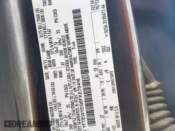 2015 Ford F-150 XLT with VIN 1FTEW1EG5FKE59408, listed as a Copart auction lot 51052595 with 178,674 mi miles and Salvage Title. Bid and sale history available at carsss.com. Image 12.