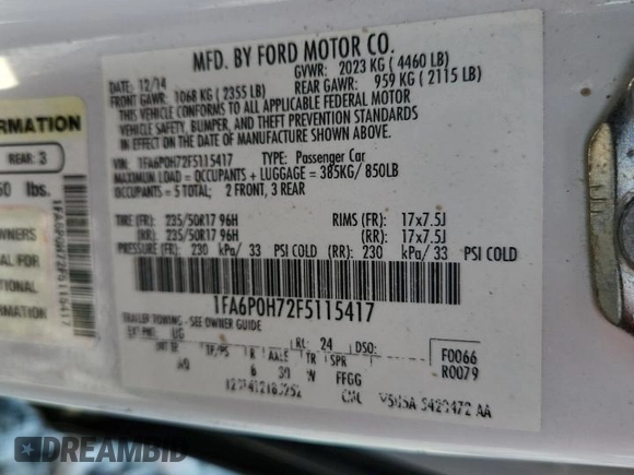 2015 Ford Fusion SE z VIN 1FA6P0H72F5115417, wystawiony jako Copart lot #58768125 z przebiegiem 106 366 mil mil oraz Szkoda całkowita • Salvage title. Historia ofert i sprzedaży dostępna na DreamBid. Obrazek 12.