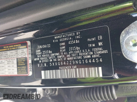 2022 Kia K5 GT-Line z VIN 5XXG64J29NG164454, wystawiony jako IAAI lot #42102282 z przebiegiem 43 367 mil mil oraz . Historia ofert i sprzedaży dostępna na DreamBid. Obrazek 9.