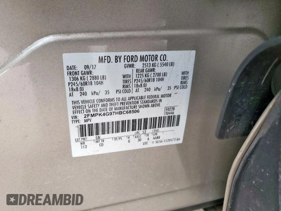 2017 Ford Edge SE with VIN 2FMPK4G97HBC68506, listed as a Copart auction lot 59440935 with 62,695 mi miles and Salvage title. Bid and sale history available at DreamBid. Image 13.